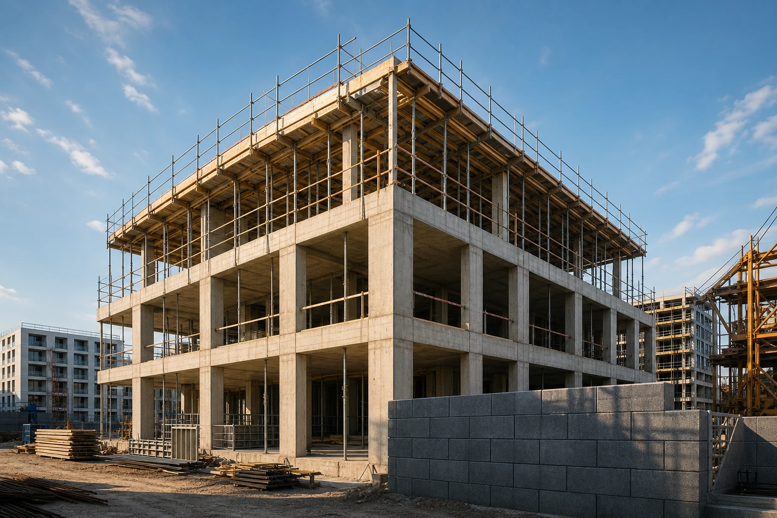 KI-generierte Visualisierung eines Rohbaus von Ingenium Bauen mit Gerüst auf Baustelle