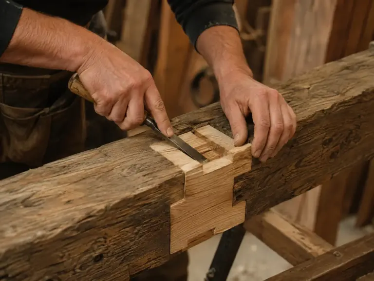 Detailaufnahme eines Tischlers bei der fachgerechten Reparatur eines bestehenden Holzbalkens (KI-generiertes Bild).