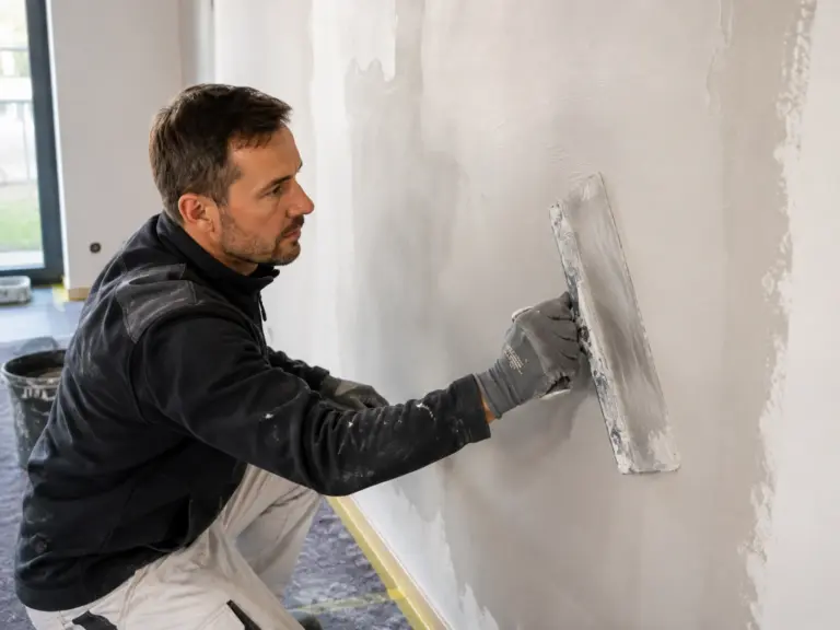 KI-generierte Visualisierung: Maler glättet eine gespachtelte Innenwand mit einer Glättkelle